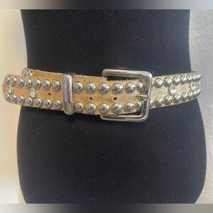 Gold Leather Belt Silver Studs & Rhinestones 39”in